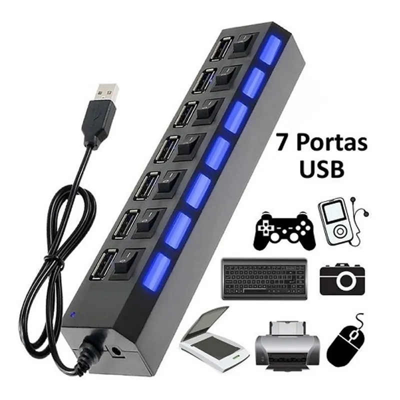 HUB USB 2.0 7 PORTAS COM CHAVES INDIVIDUAIS