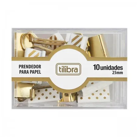 PRENDEDOR DE PAPEL 25MM DOURADO, LISTRAS E BOLINHAS 10 UNIDADES